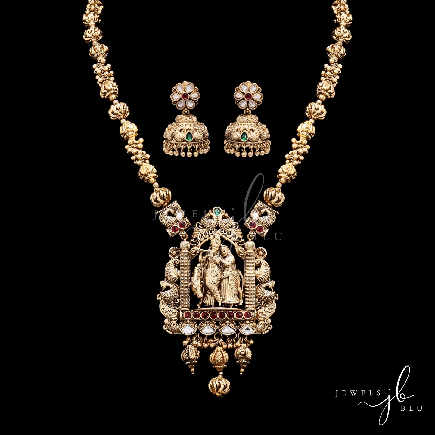 Festive Exclusive Antique Gold Finish Radha Krishna Hand Carved Jharoka Necklace Set with Jhumkis
