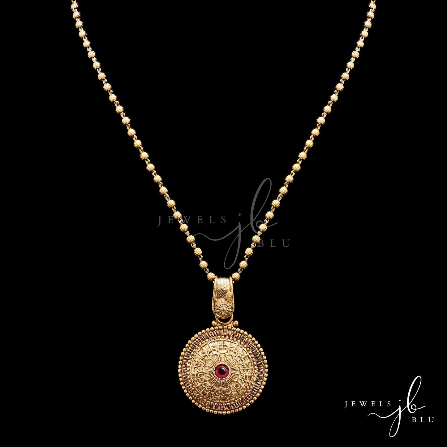 Festive Exclusive Gold Finish Classic Round Necklace Set with Ruby Detailing Includes Earrings