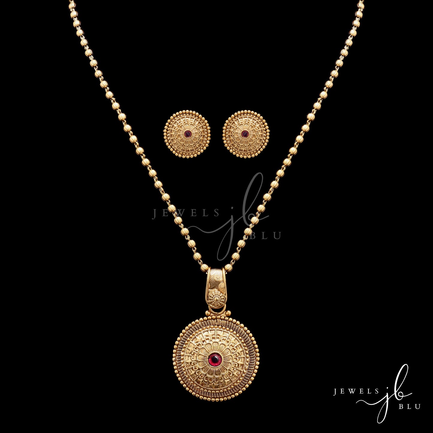 Festive Exclusive Gold Finish Classic Round Necklace Set with Ruby Detailing Includes Earrings