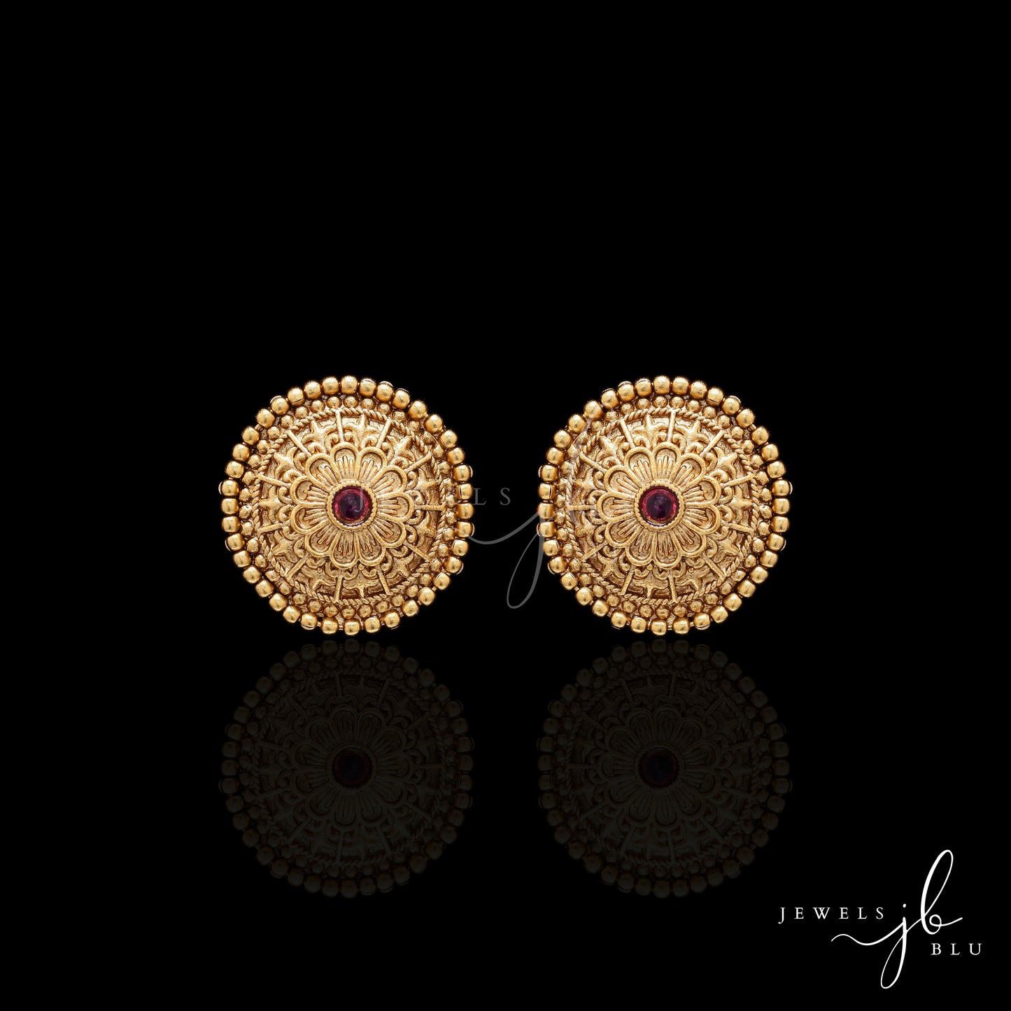 Festive Exclusive Gold Finish Classic Round Necklace Set with Ruby Detailing Includes Earrings