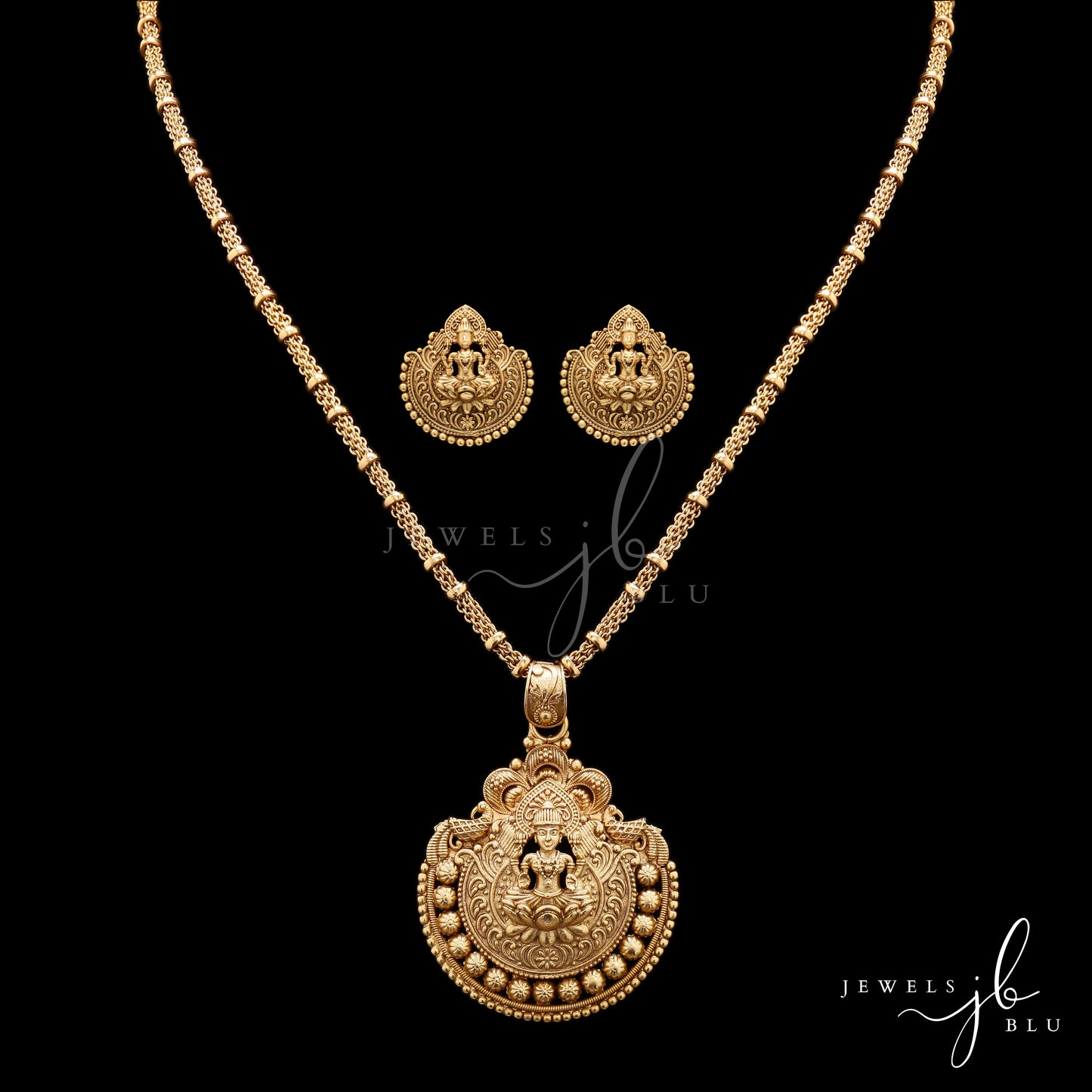 Festive Exclusive Gold Finish Hand Carved Idol Necklace Set with Earrings