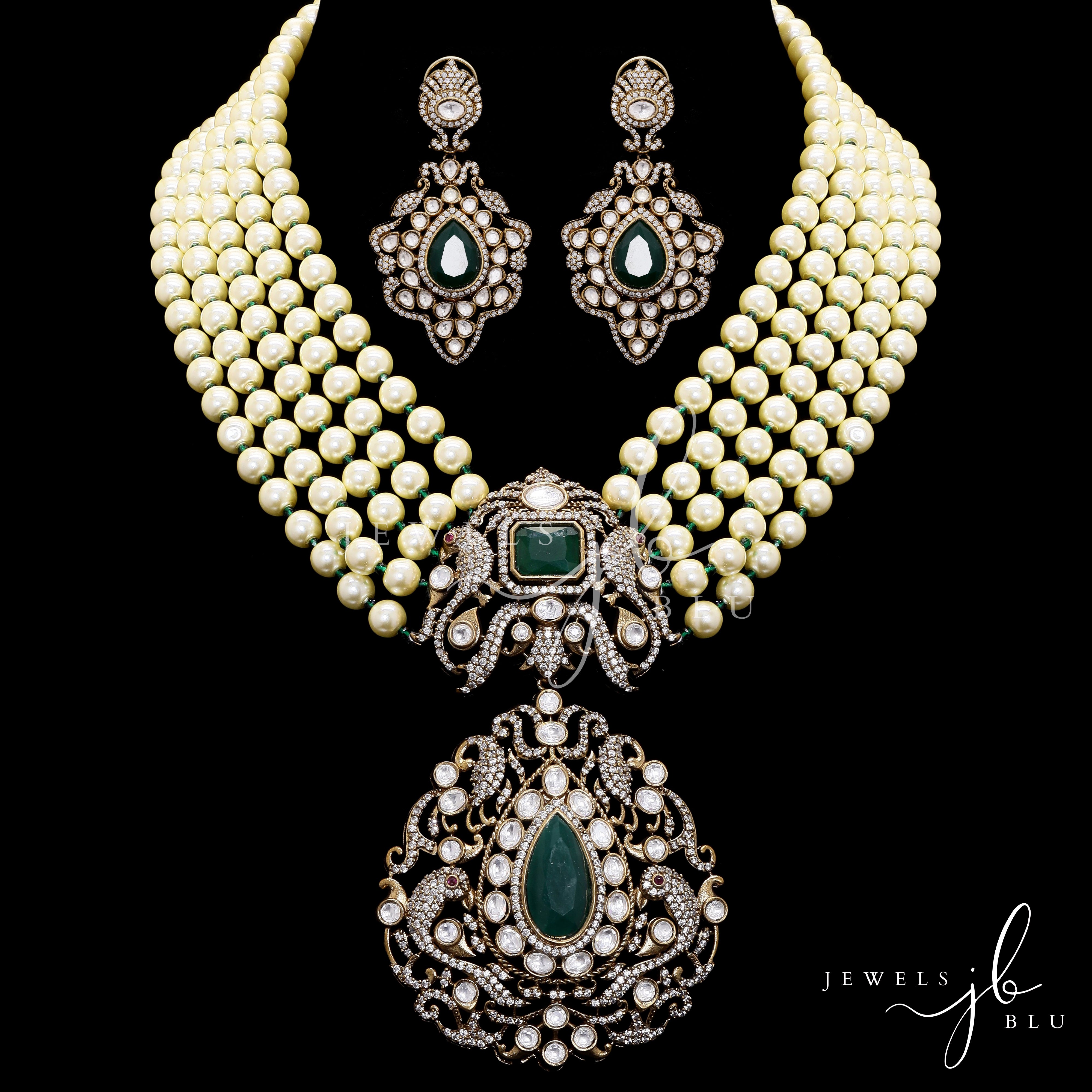 Pearl and Emerald Antique Finish Kundan Polki Long Necklace Haar