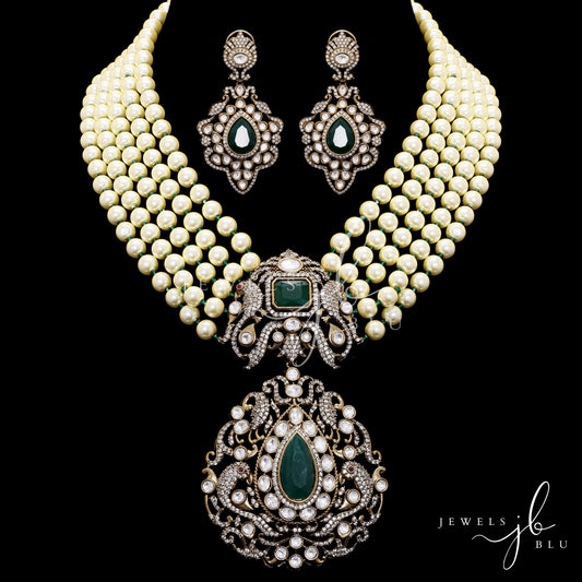 Pearl and Emerald Antique Finish Kundan Polki Long Necklace Haar