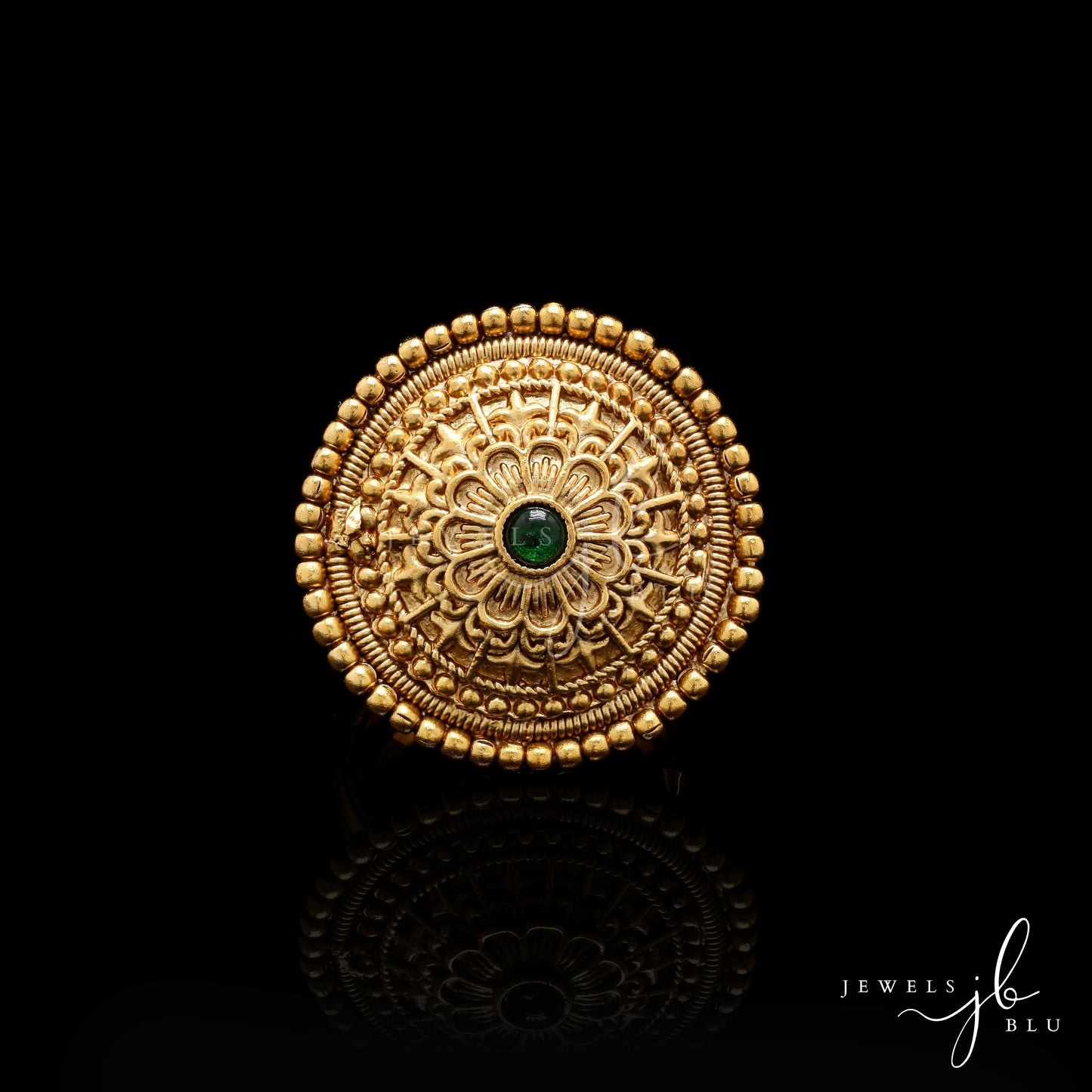 Gold Finish Antara Adjustable Ring with Emerald Detailing ( Fits all Sizes )