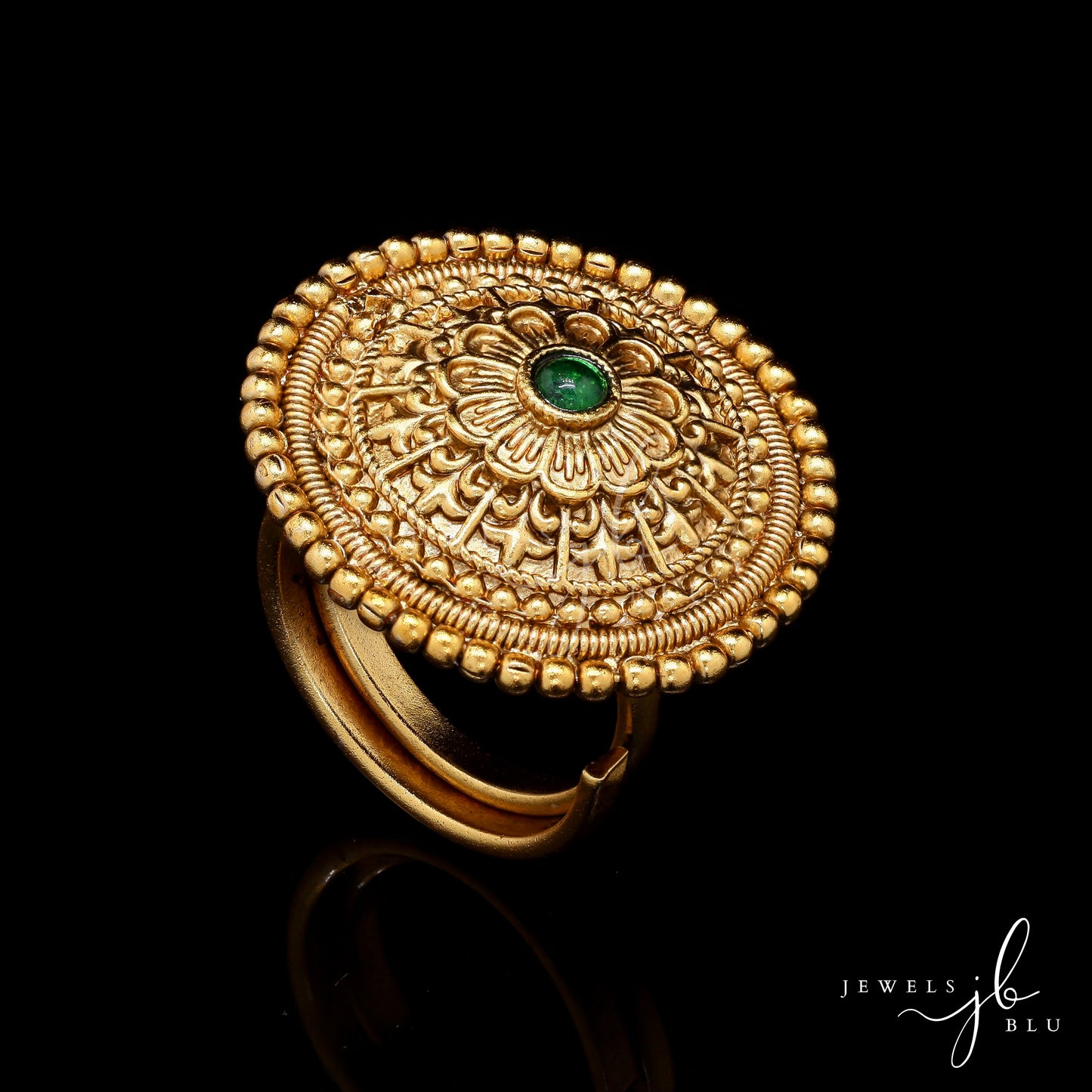 Gold Finish Antara Adjustable Ring with Emerald Detailing ( Fits all Sizes )