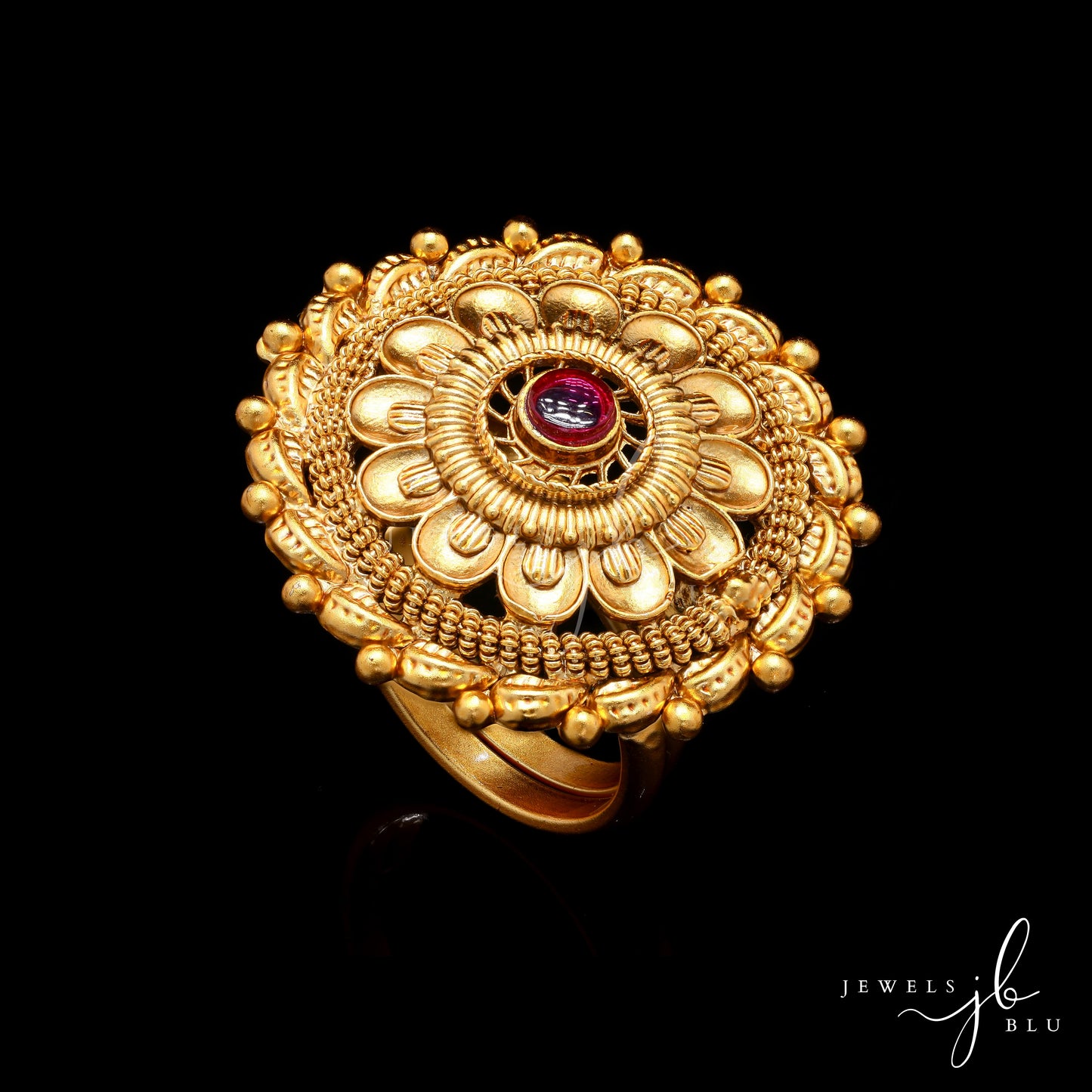 Gold Finish Traditional Hath Phool Adjustable Ring with Ruby Detailing( Fits All Sizes )