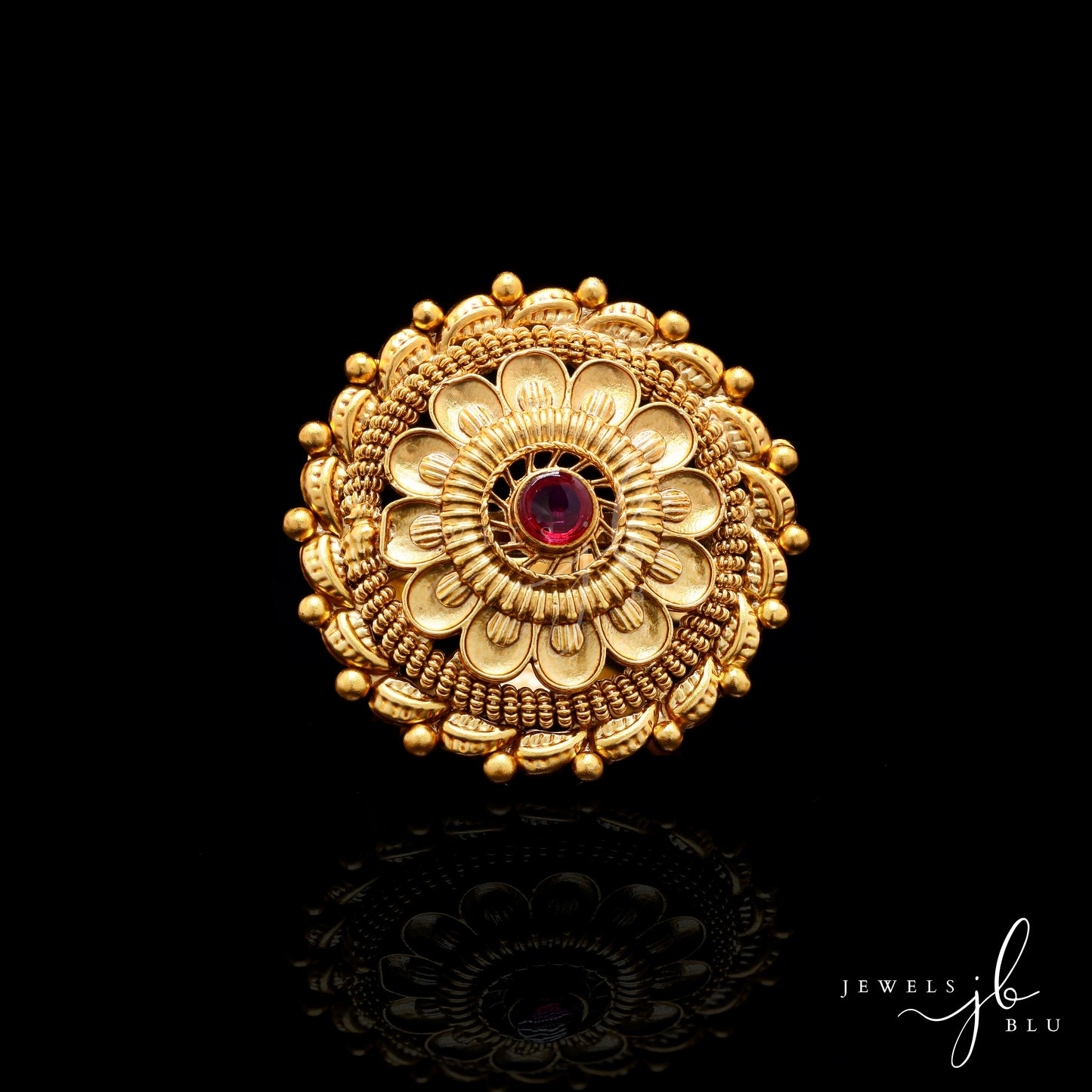 Gold Finish Traditional Hath Phool Adjustable Ring with Ruby Detailing( Fits All Sizes )