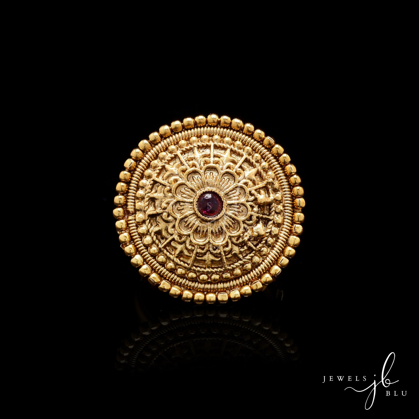 Gold Finish Traditional Mayura Adjustable Ring with Ruby Detailing ( Fits All Sizes )