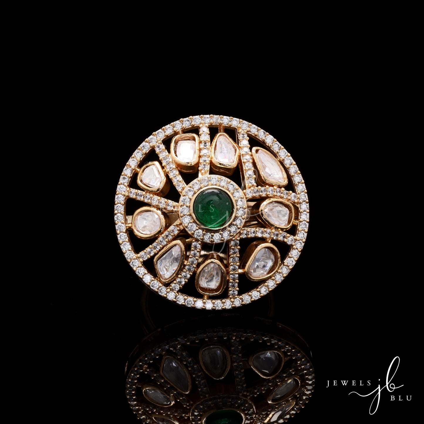 Polki Tara Adjustable Gold Finish Ring with Emerald and Pearl Beads Detailing
