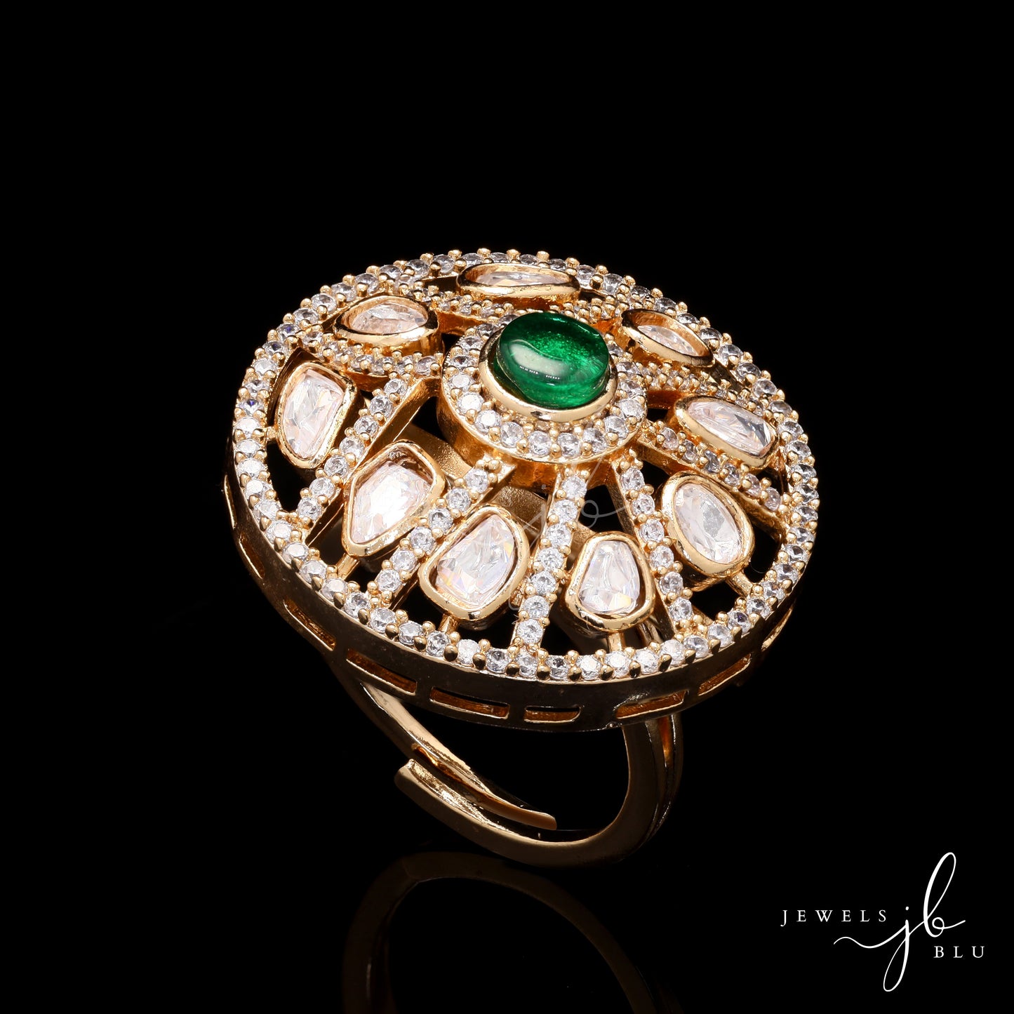 Polki Tara Adjustable Gold Finish Ring with Emerald and Pearl Beads Detailing