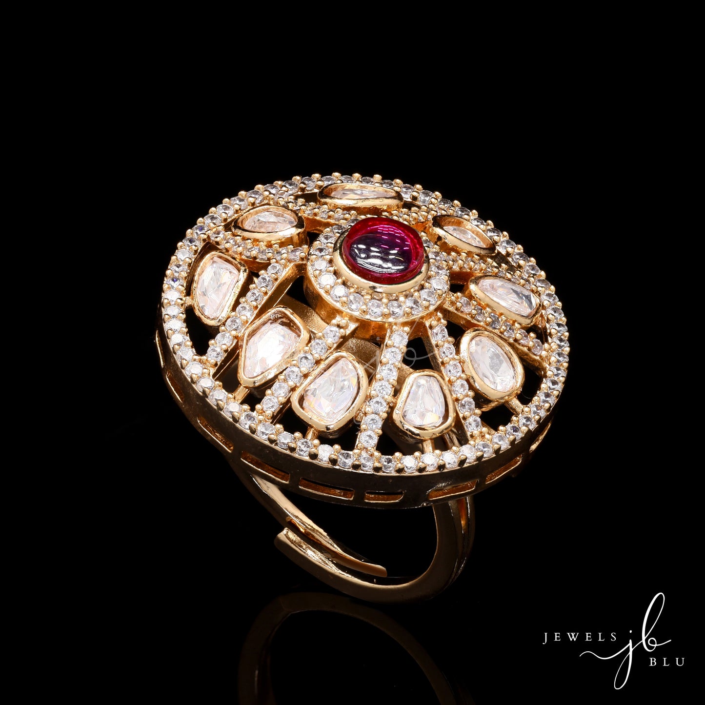 Polki Tara Adjustable Gold Finish Ring with Ruby and Pearl Beads Detailing