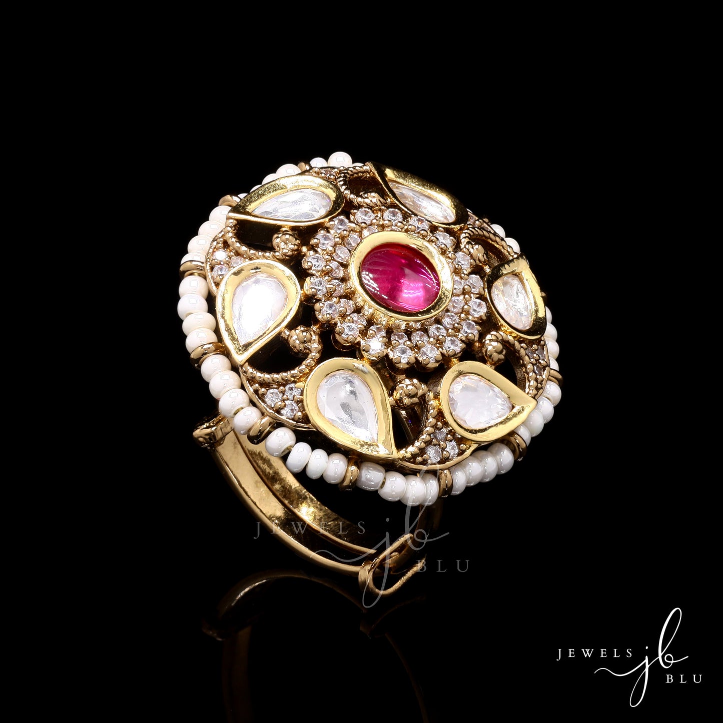 Antique Finish Moti and Polki Varsha Adjustable Ring