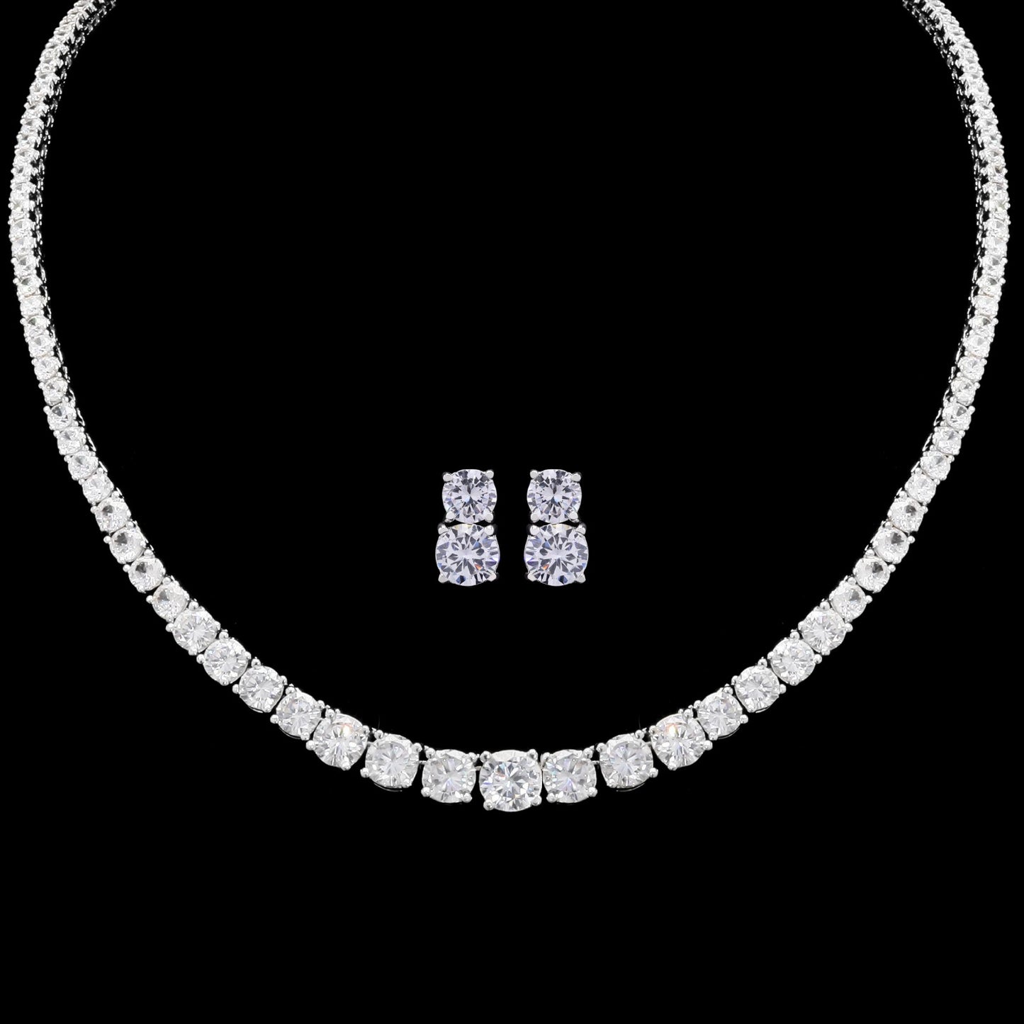 Premium Solitaire Single Line Necklace Set with Earrings in White Gold Finish
