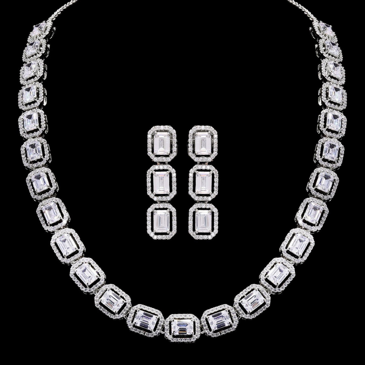 Emerald Cut Solitaire Single Line Necklace Set with Earrings