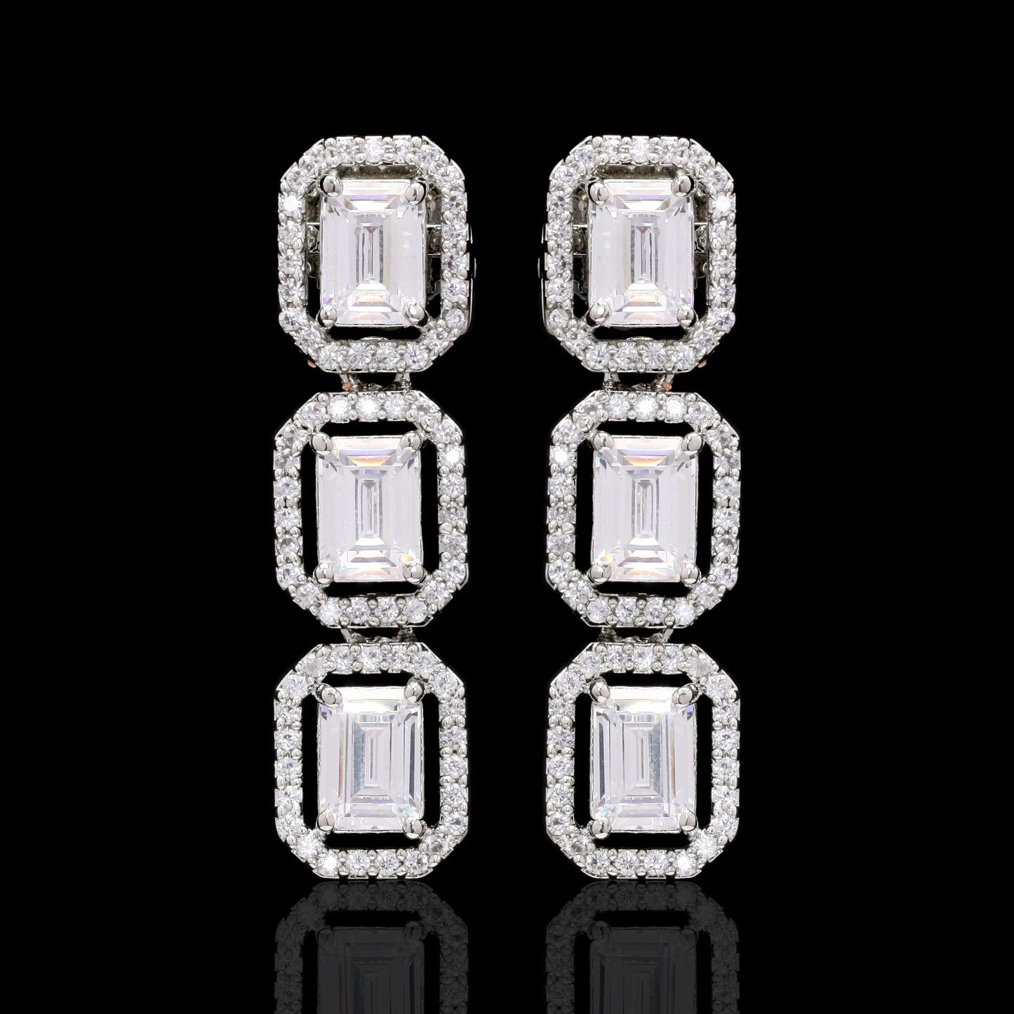 Emerald Cut Solitaire Single Line Necklace Set with Earrings