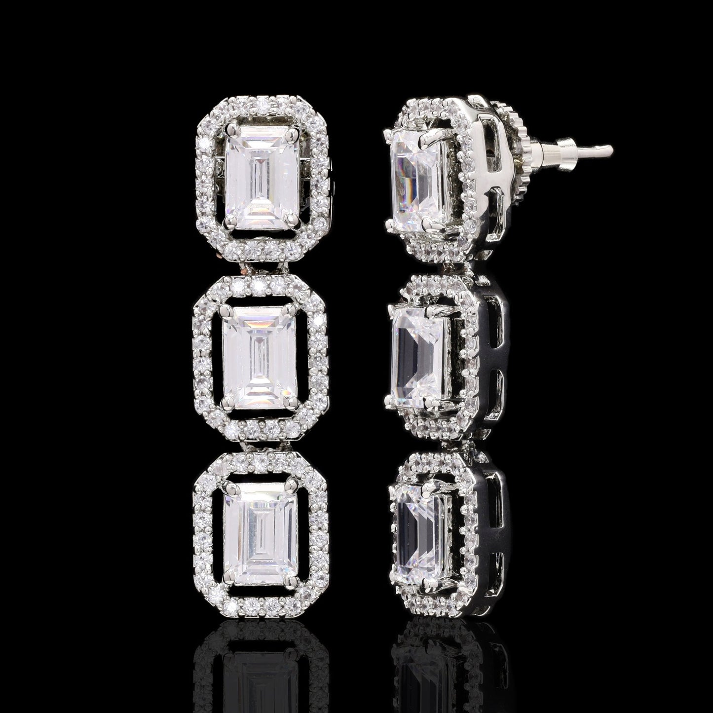 Emerald Cut Solitaire Single Line Necklace Set with Earrings