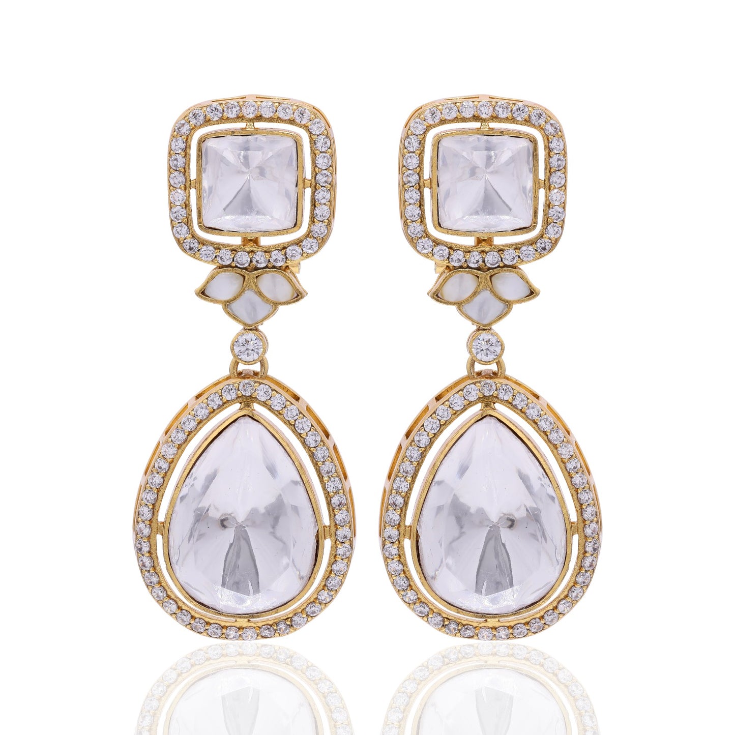 Gold Finish Drop Polki Kundan Long Earrings