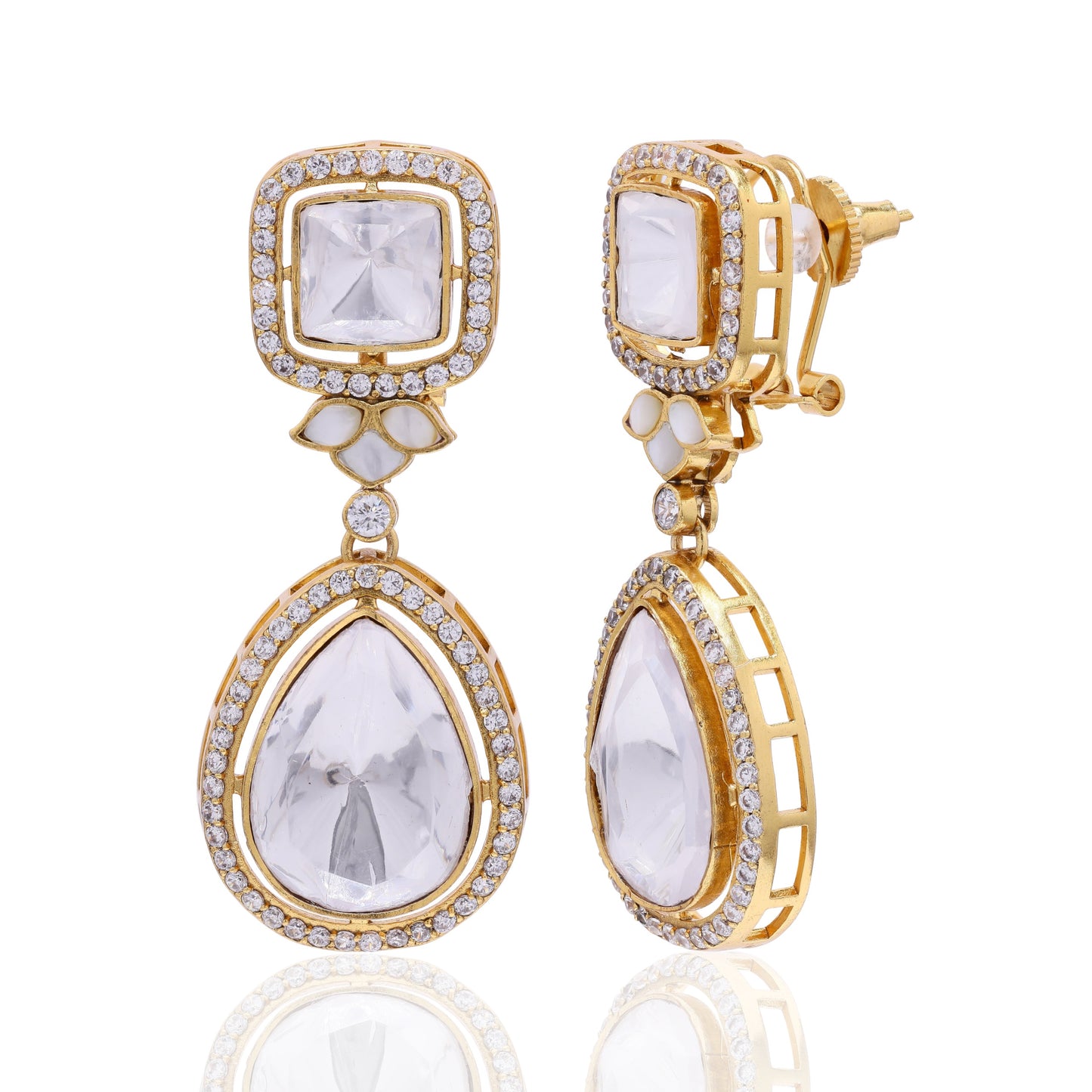 Gold Finish Drop Polki Kundan Long Earrings