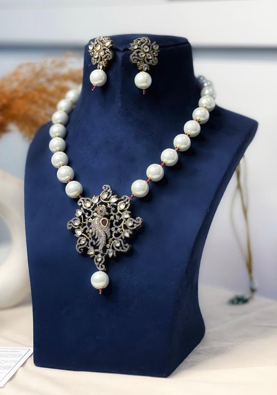 White Pearl Antique Finished Peacock Pendant Long Necklace