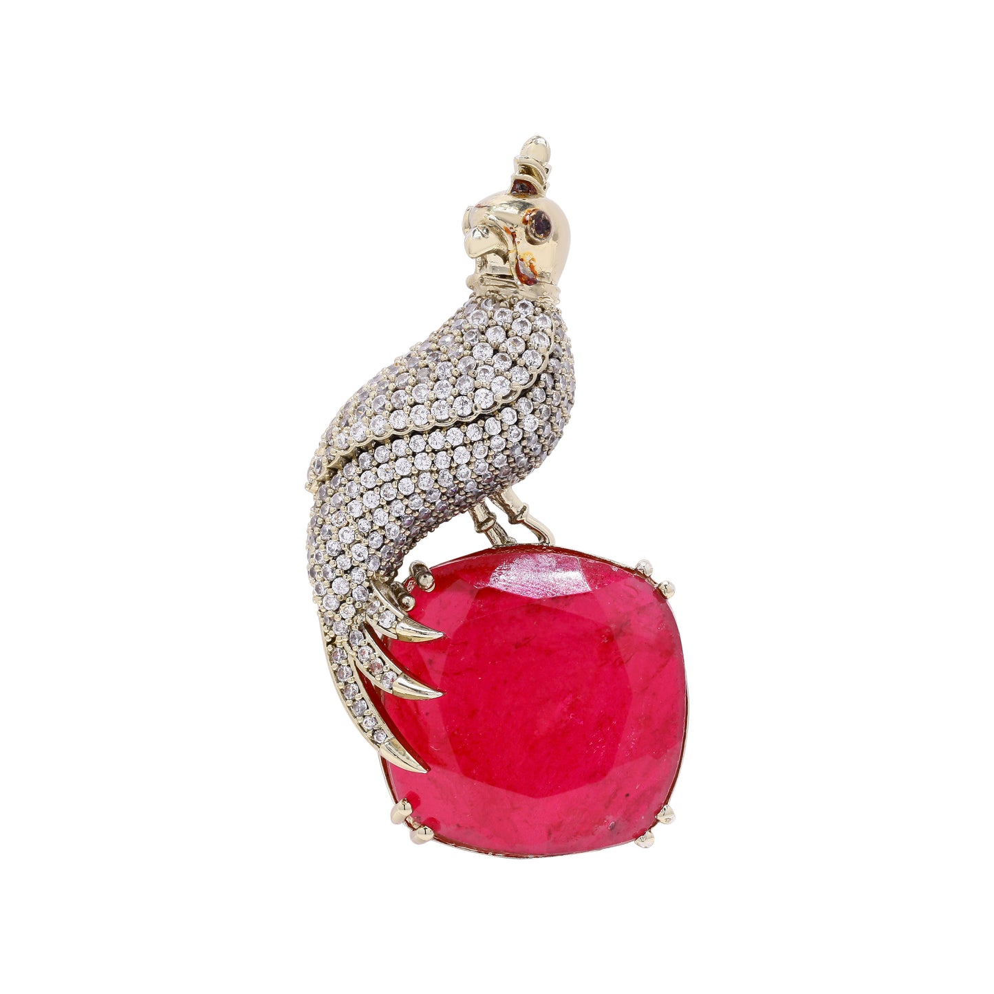 Antique Gold Finish Diamond and Ruby Royal Bird Unisex Brooch for Men and Women