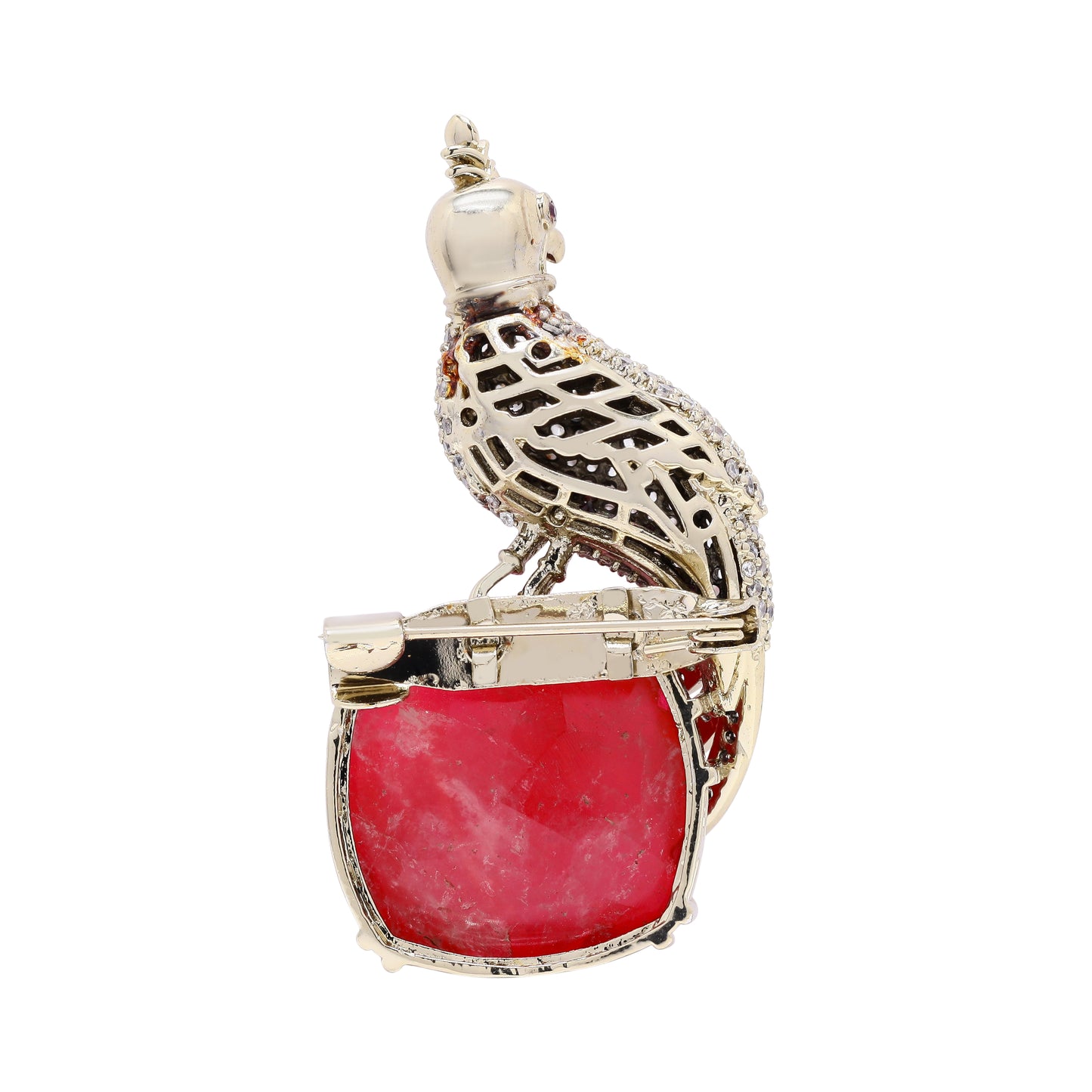 Antique Gold Finish Diamond and Ruby Royal Bird Unisex Brooch for Men and Women