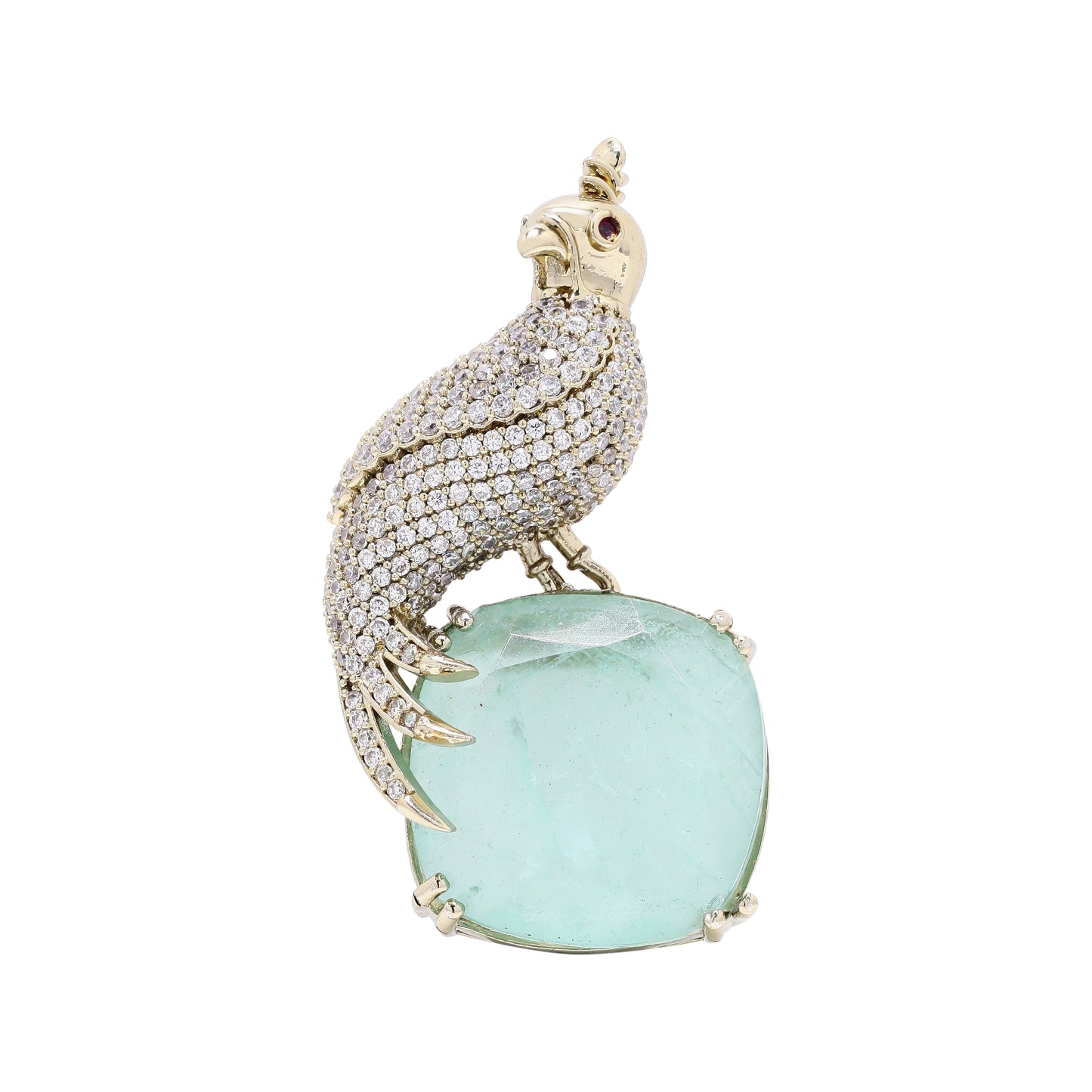 Antique Gold Finish Diamond and Jade Royal Bird Unisex Brooch for Men and Women
