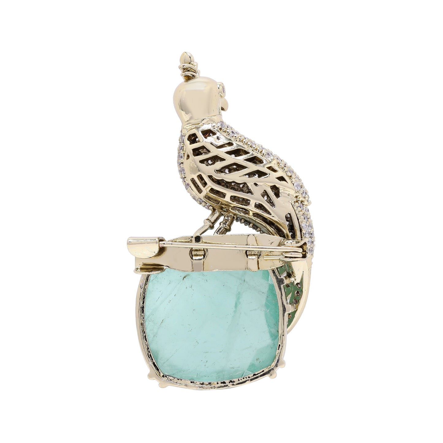 Antique Gold Finish Diamond and Jade Royal Bird Unisex Brooch for Men and Women