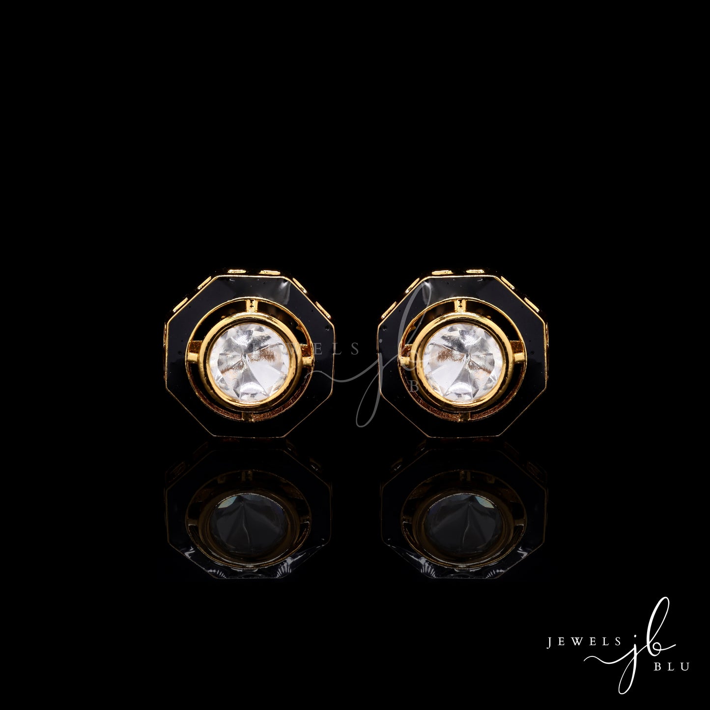 Black Enamel Gold Finish Mens Polki Cuff Link Pair