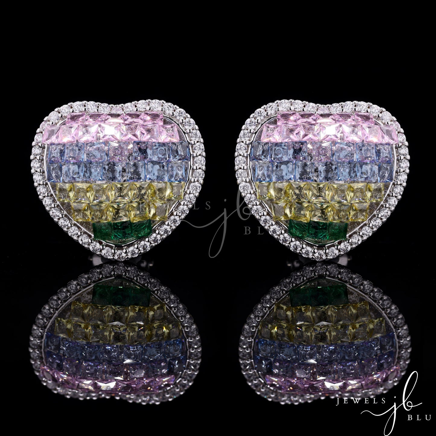 American Diamond Studded Invisible Setting Rainbow Heart Studs