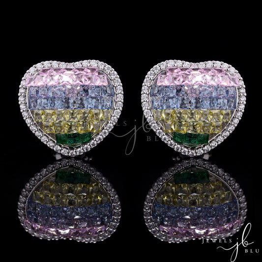 American Diamond Studded Invisible Setting Rainbow Heart Studs