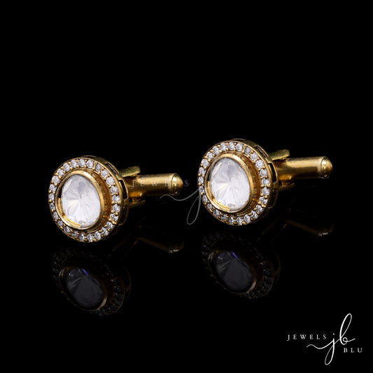 Classic Polki Gold Finish with Diamond Cluster Mens Cuff Link Pair