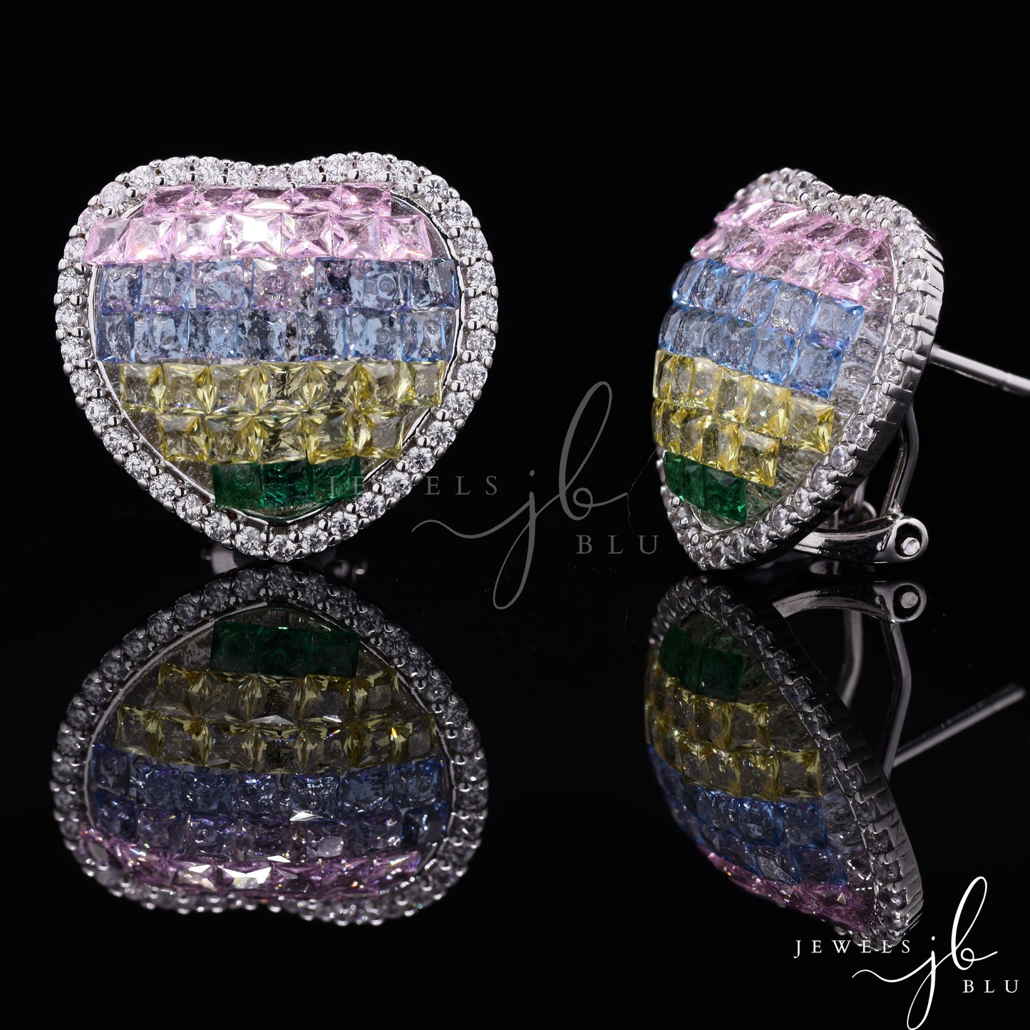 American Diamond Studded Invisible Setting Rainbow Heart Studs