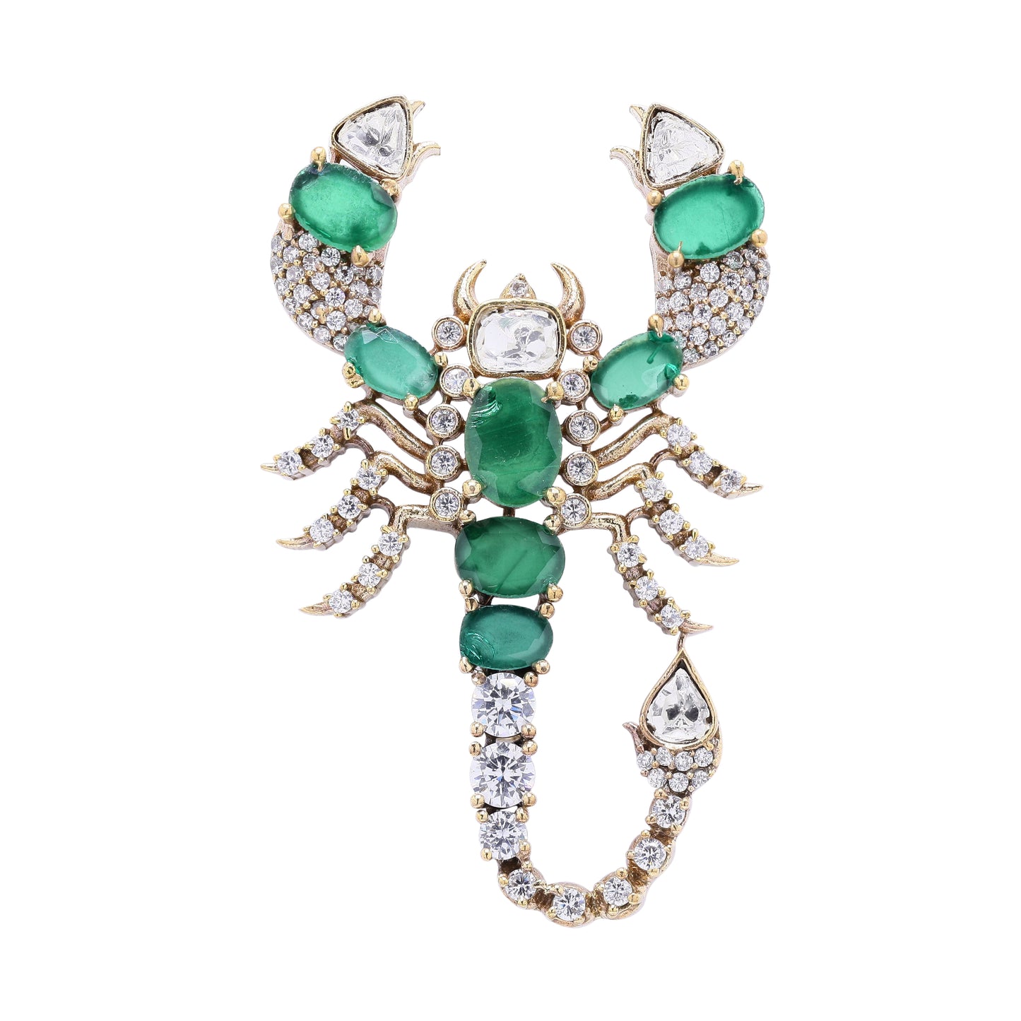 Antique Gold Finish Polki Diamond Unisex Scorpion Brooch with Hydro Emeralds
