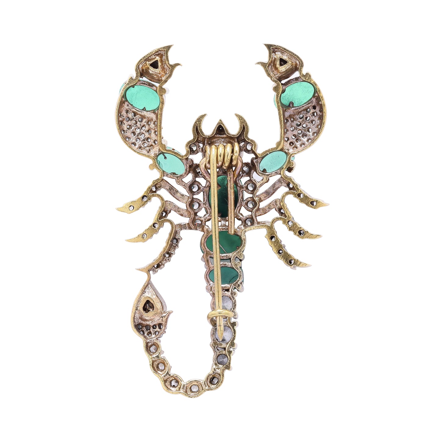 Antique Gold Finish Polki Diamond Unisex Scorpion Brooch with Hydro Emeralds