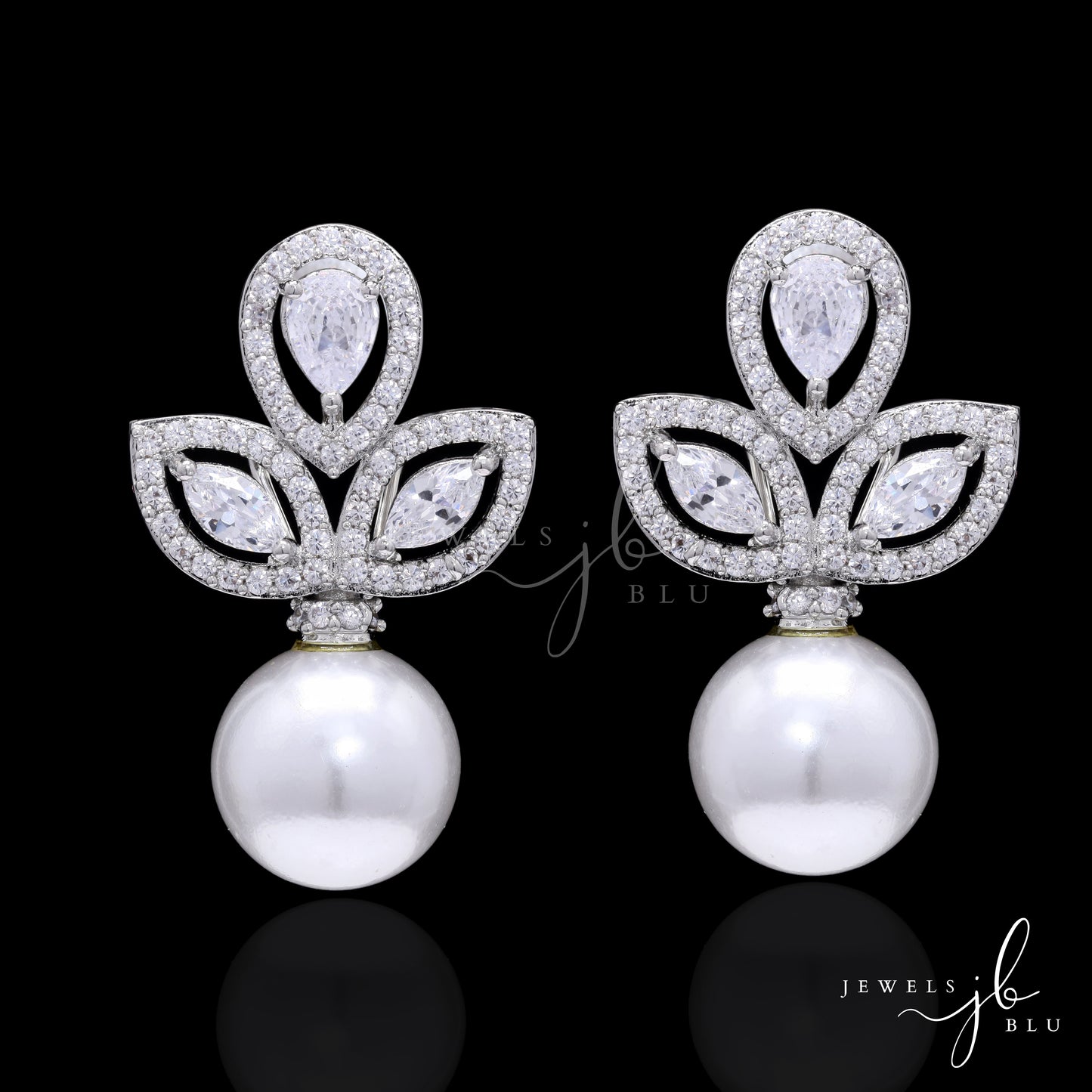 American Diamond Marquise and Pear Solitaire Fresh Water Pearl Studs