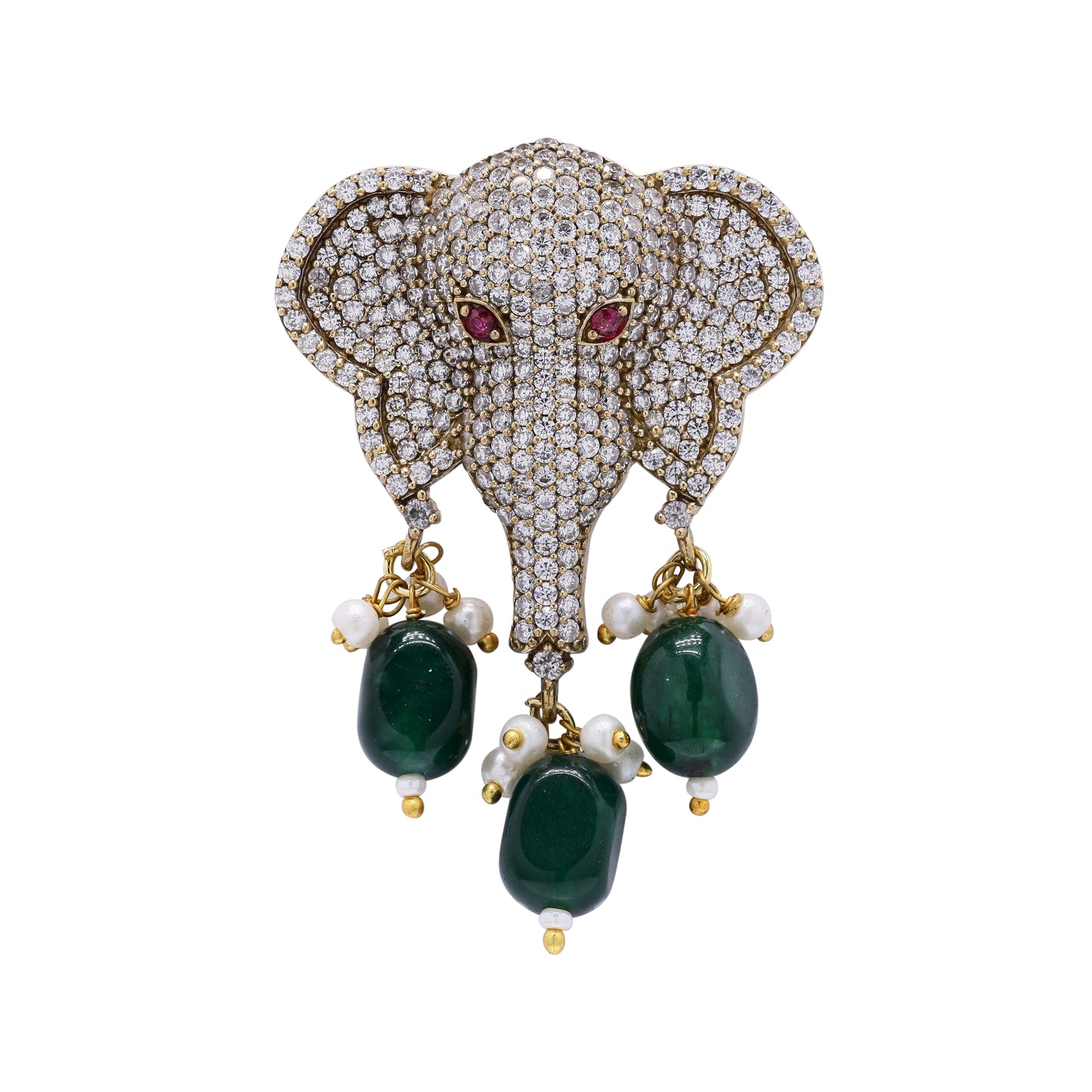 Antique Gold Finish Lord Ganesha Unisex Brooch for Men and Women with Emerald Drops