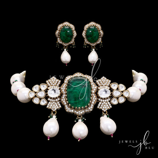 Emerald and Pearl Hydari Polki Bridal Choker