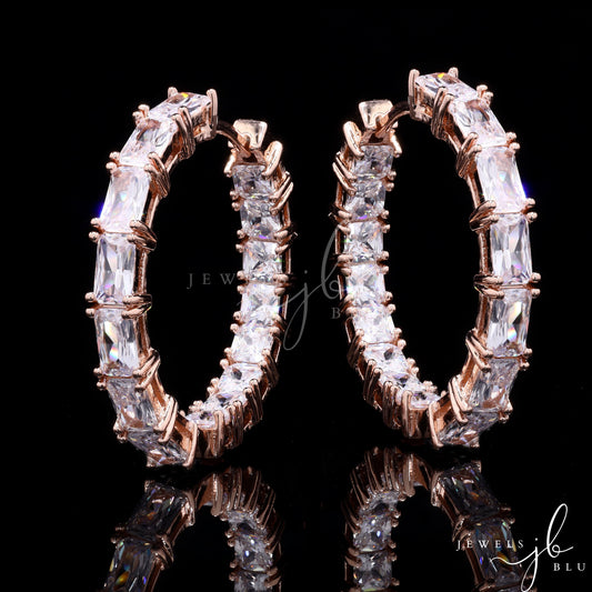 Rose Gold Emerald Cut Solitaire Helly Hoop Earrings