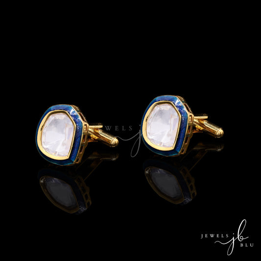 Turquoise Blue Polki Gold Finish Mens Polki Cuff Link