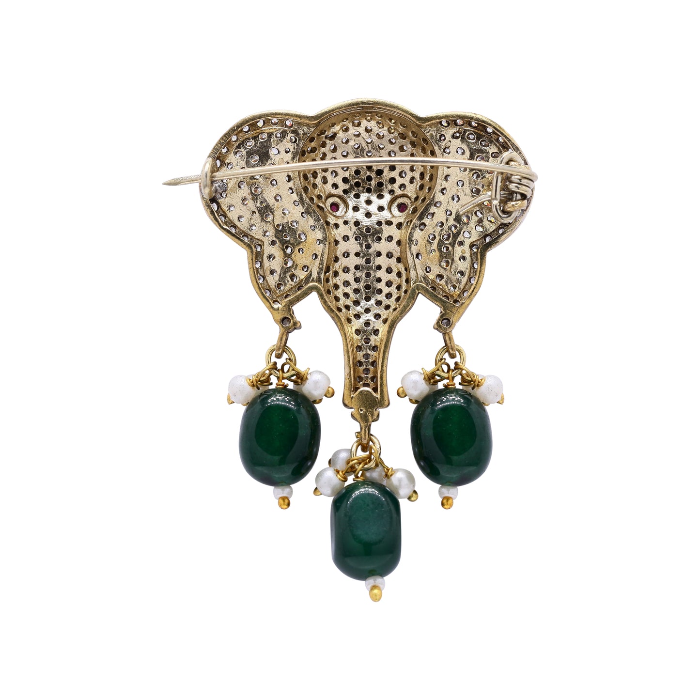 Antique Gold Finish Lord Ganesha Unisex Brooch for Men and Women with Emerald Drops