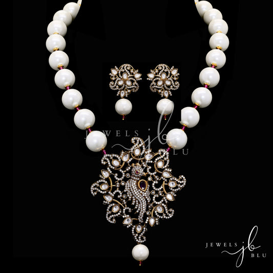 White Pearl Antique Finished Peacock Pendant Long Necklace