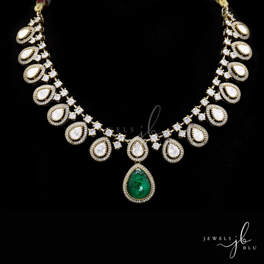 Premium Zahira Polki and Drop Emerald Festive and Bridal Necklace Set