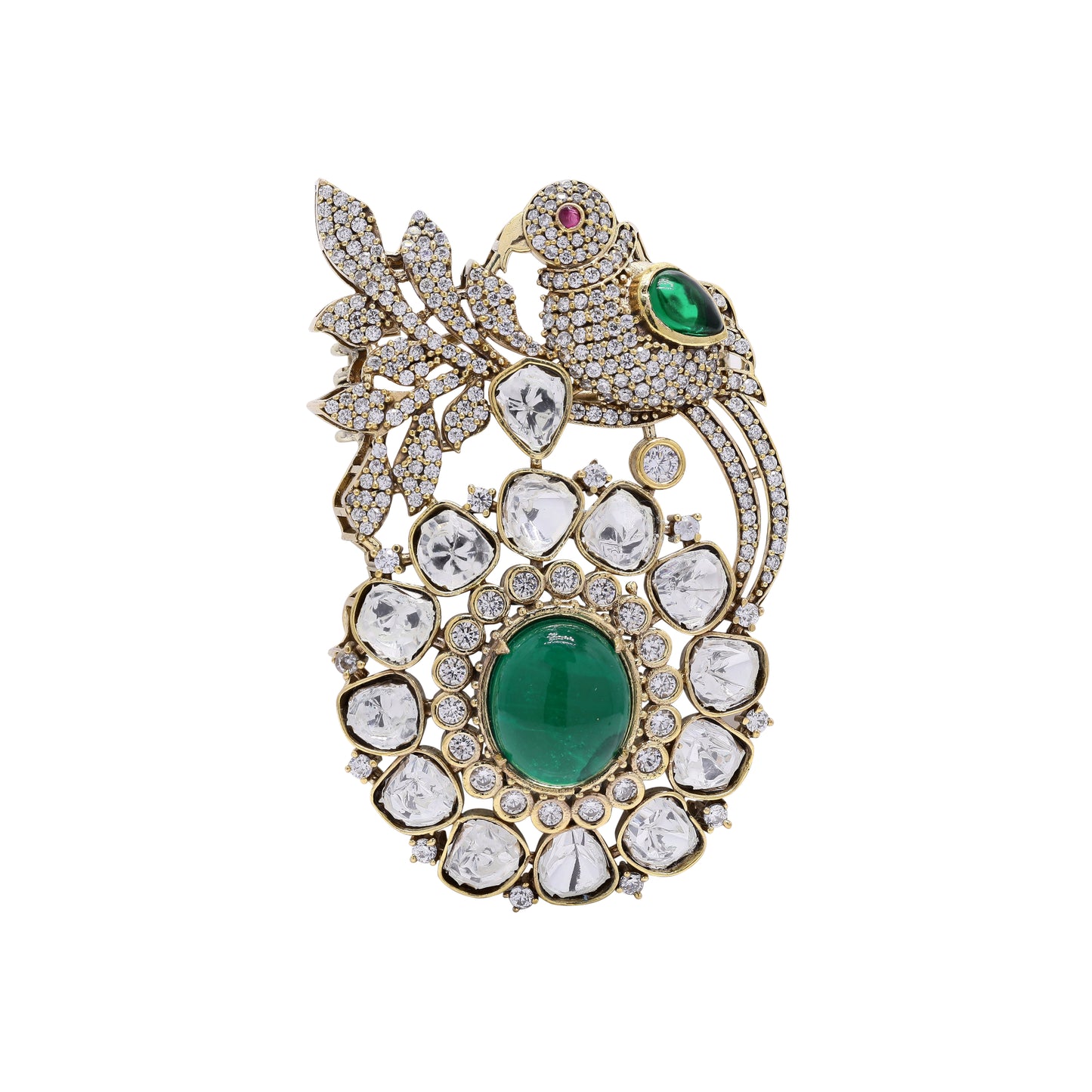 Antique Gold Finish Premium Polki Diamond Unisex Bird Brooch with Hydro Ruby and Emeralds