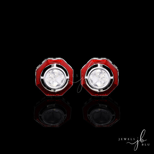 Glazed Red Enamel Bezel Setting Polki Mens Cuff Link Pair