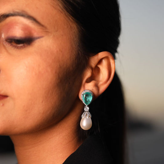 Teal Blue and Pearl Drop Long Earrings