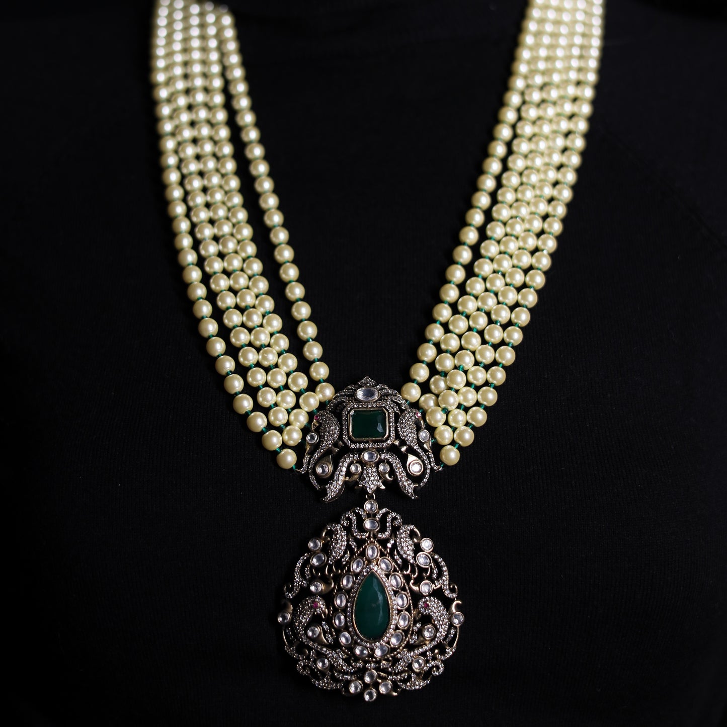 Pearl and Emerald Antique Finish Kundan Polki Long Necklace Haar