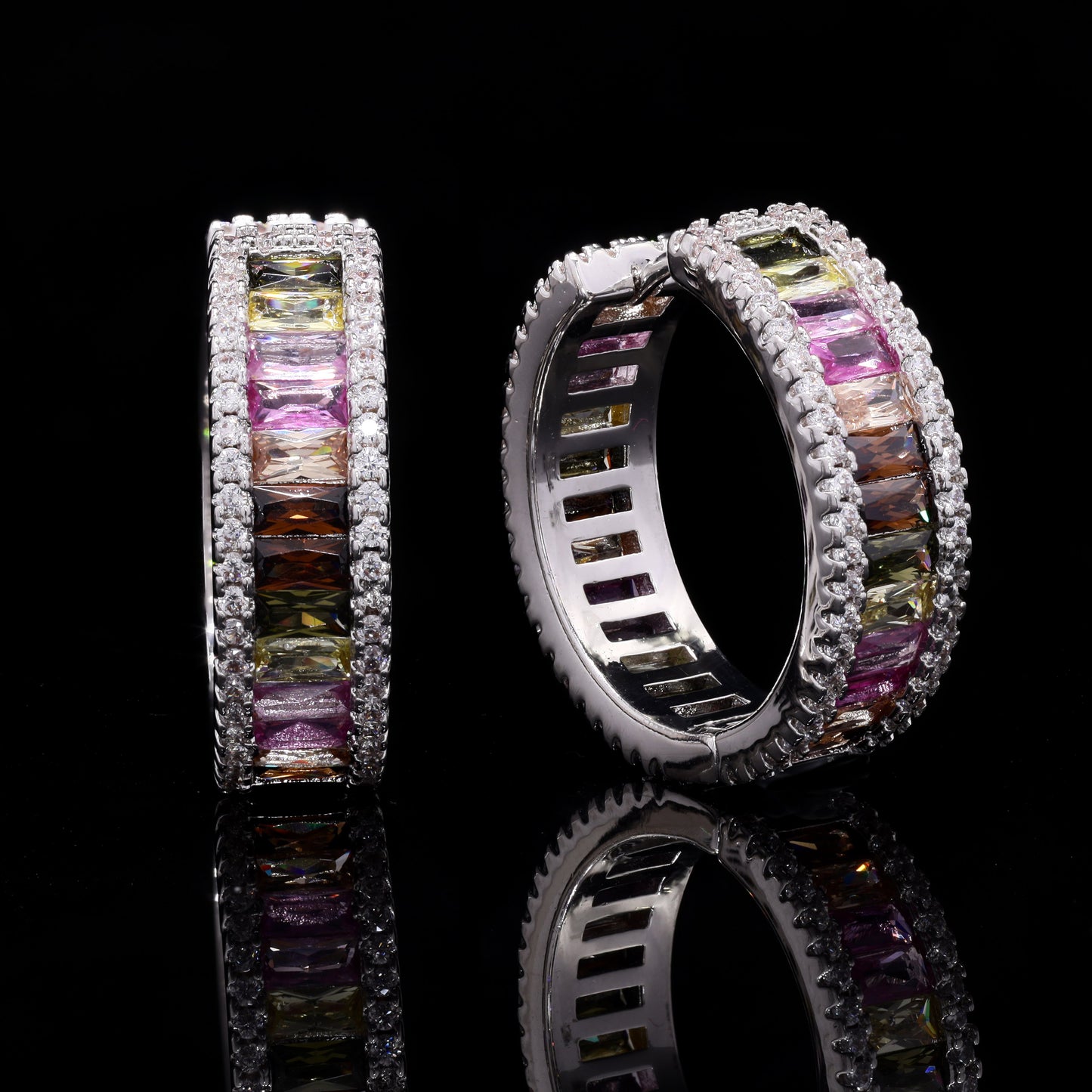 Maria Premium Rainbow Hoop Earrings with Multi Coloured American Diamond Baguettes