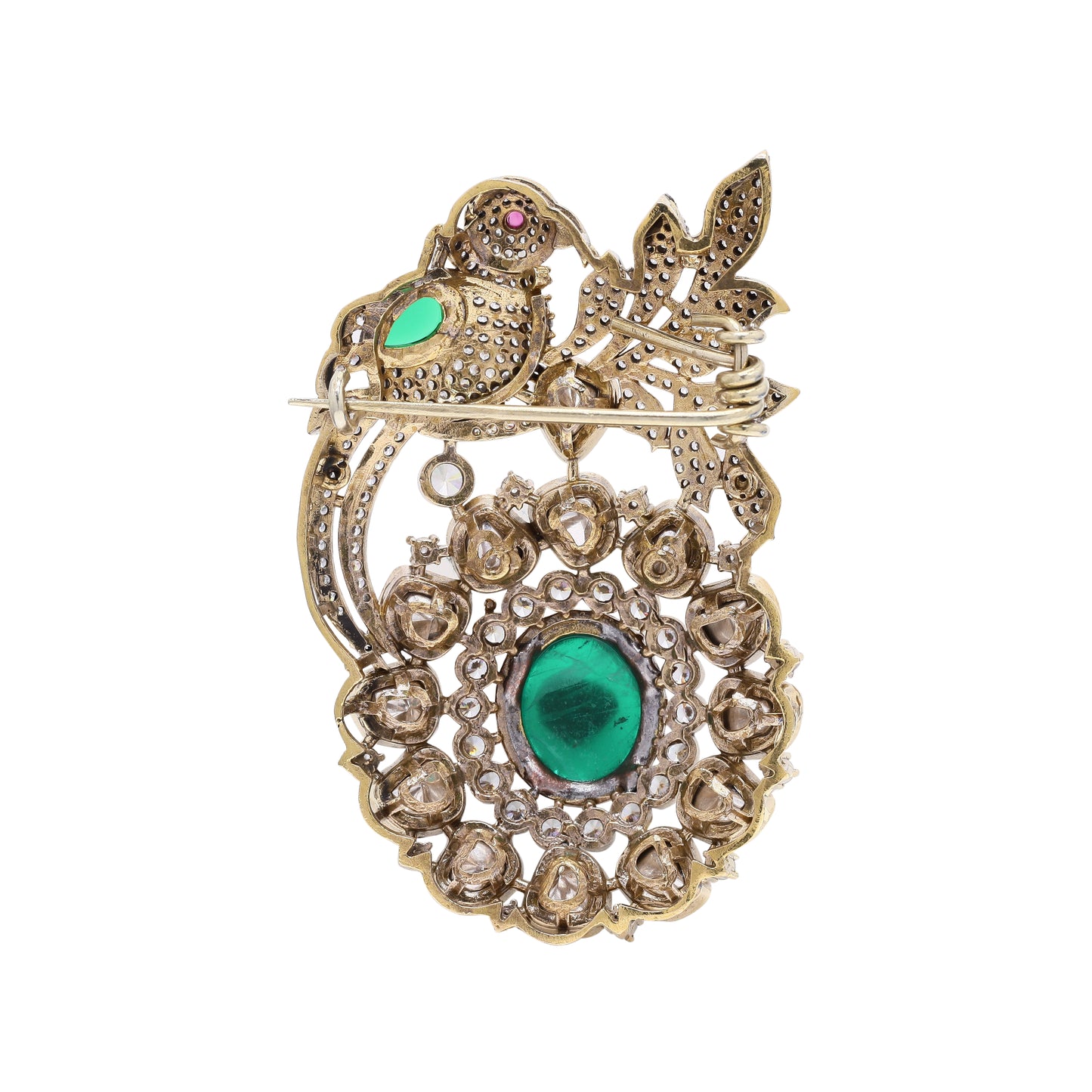 Antique Gold Finish Premium Polki Diamond Unisex Bird Brooch with Hydro Ruby and Emeralds