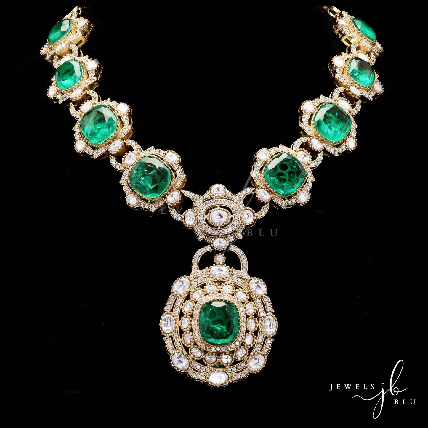 Premium Emerald and Polki Victorian Finish Alisa Bridal Necklace and Festive Necklace Set with Earrings