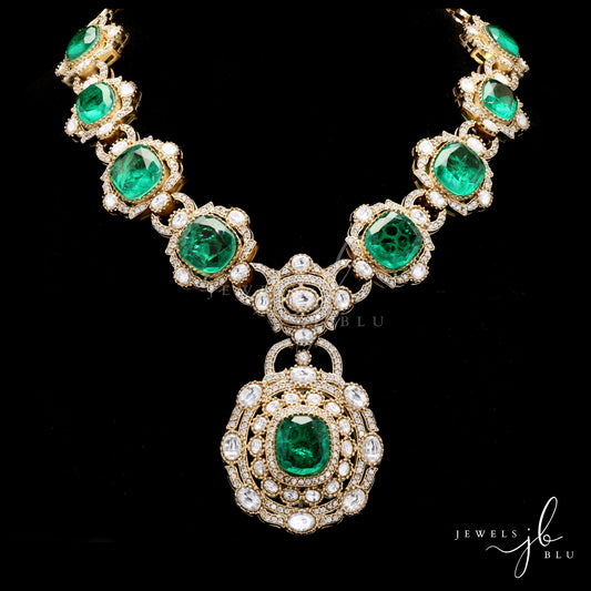 Premium Emerald and Polki Victorian Finish Alisa Bridal Necklace and Festive Necklace Set with Earrings